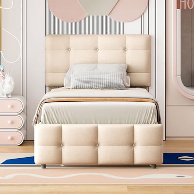 DESMIU Gestoffeerd Bed 90 x 200 cm – Kinderbed Met Uitrolbed En Verstelbaar Hoofdbord – Opbergruimte Onder Bed – Voor Jeugd En Logeerkamer – Beige – Zonder Matras