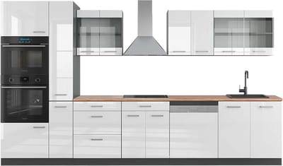 Vicco R-Line Keuken – 350 cm met hoge kast, WB Eik Wit hoogglans/antraciet