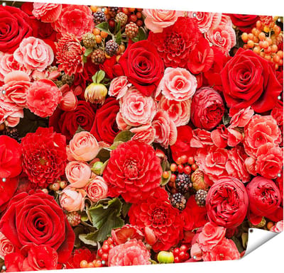 Gards Tuinposter Rode en Roze Bloemen met Fruit - Abstract - 150x120 cm - Tuindoek - Tuindecoratie - Wanddecoratie buiten - Tuinschilderij