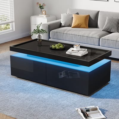 Pugsdrly Salontafel 95*45*35 cm, salontafel met LED, salontafel met 2 lades, glanzende salontafel, moderne minimalistische tafel, bijzettafel met geometrisch ontwerp, zwart