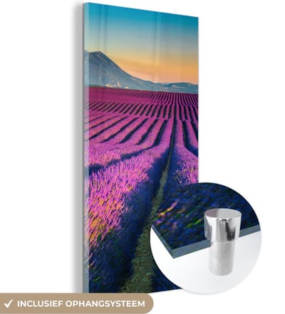 MuchoWow® Glasschilderij 20x40 cm - Schilderij acrylglas - Lavendel - Berg - Bloemen - Foto op glas - Schilderijen