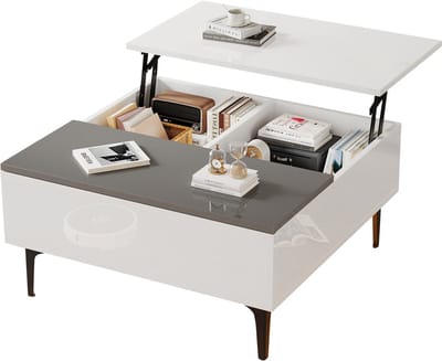 Salontafel - Koffietafel - In Hoogte Verstelbaar - Met LED En Opbergruimte - 40kg Draagkracht - Voor Woonkamer - 70x70x35cm - Wit En Grijs