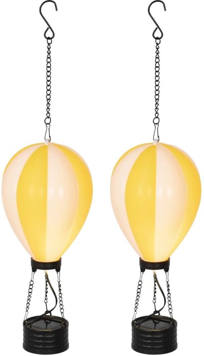 Lumineo solar luchtballon lantaarn - 2x - geel - H22 x D10 cm - kunststof - vlam effect - tuinverlichting