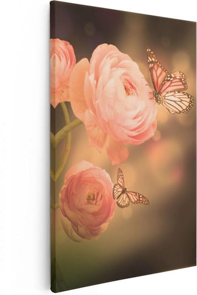 Artaza Canvas Schilderij Bloemen Met Vlinders - 20x30 cm - Klein - Wanddecoratie Woonkamer - Muurdecoratie Rozen - Kamer Accessoires