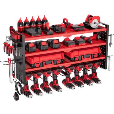 VEVOR Tool Storage Wall Mount, 4-laags opbergrek met 8 boorhouders, gereedschapshouder met zijvakken, gereedschapsorganizer voor garage, werkbank en werkplaats, rood