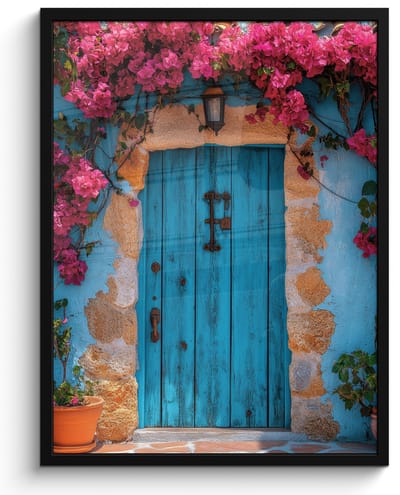 Poster in lijst - Fotolijst 50x70 cm - Posters - Deur - Hout - Bloemen - Blauw - Posterlijst zwart - Decoratie - Wanddecoratie woonkamer - Muurdecoratie slaapkamer