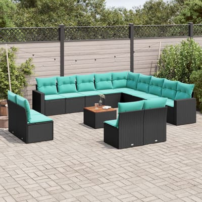 vidaXL - 14-delige - Loungeset - met - kussens - poly - rattan - zwart