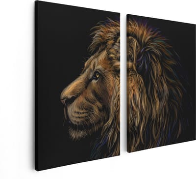 Artaza Canvas Schilderij Tweeluik Getekende Leeuw - Leeuwenkop - Kleur - 80x60 - Foto Op Canvas - Canvas Print