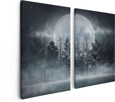 Artaza Canvas Schilderij Tweeluik Maan tussen de Bomen in de Nacht - 80x60 - Foto Op Canvas - Canvas Print