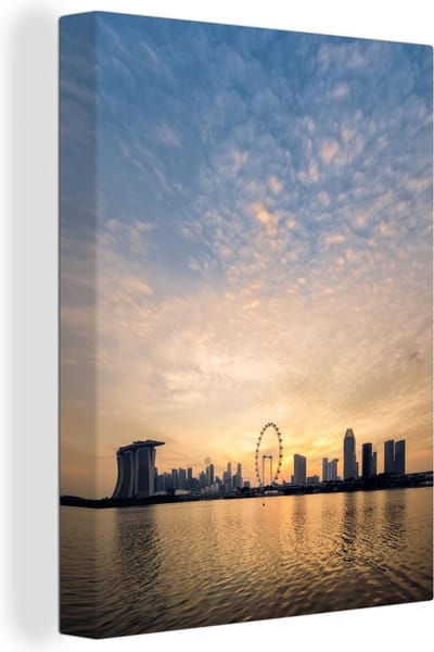 Canvas Schilderij Zonsondergang over Marina Bay en de vlieger van Singapore bij Gardens by the Bay - 30x40 cm - Wanddecoratie