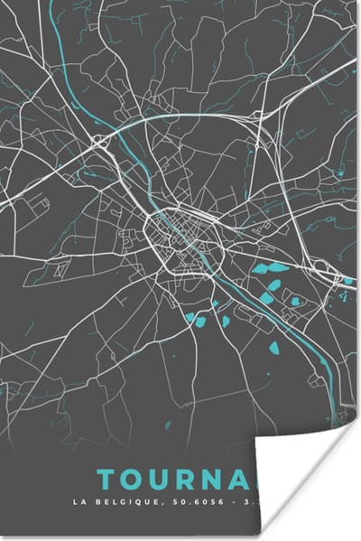 Poster Kaart – Plattegrond – Stadskaart – Tournai – België - Grijs - 120x180 cm XXL