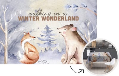 Tafelkleed - Tafellaken - 220x150 cm - Winter - Vos - Beer - Sneeuw - Binnen en Buiten