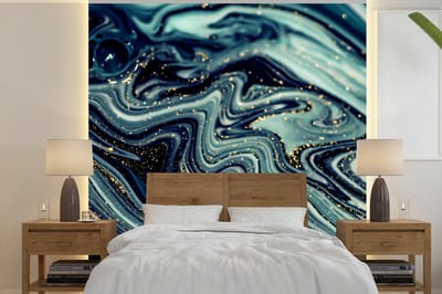 Behang - Fotobehang Marmer - Goud - Blauw - Glitter - Marmerlook - Abstract - Breedte 240 cm x hoogte 240 cm