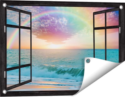 Gards Tuinposter Doorkijk Regenboog in het Water bij het Strand - 60x40 cm - Tuindoek - Tuindecoratie - Wanddecoratie buiten - Tuinschilderij