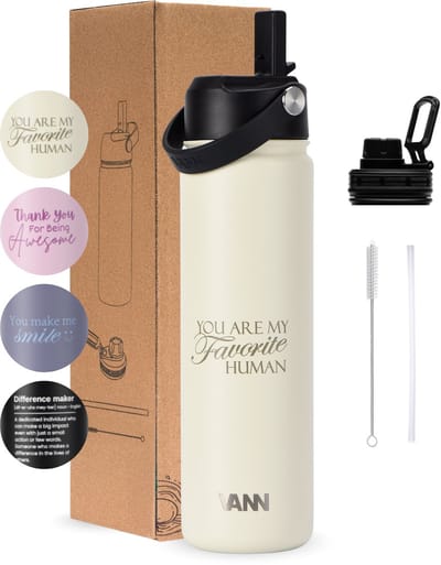 VANN® 3-Wandige RVS Drinkfles 650 ML met rietje voor volwassenen – Met 4 accessoires – Thermosfles – 24 uur koud/12 uur warm – Ivory – Valentijnscadeau voor man en vrouw – VANN GIFT BOTTLE®