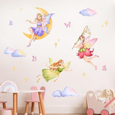 Mooie Bloemen Fee Elf Muurstickers met Maan en Wolken voor Meisjes Slaapkamer en Babykamer Decoratie