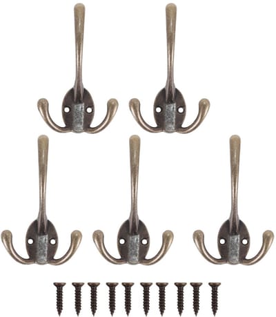 Dailygoods - 5 stuks wandhaken, retro, zware drievoudige haken voor jassen, hoeden, tassen, badjassen, handdoeken, sjaals, sleutels en bekers (vintage brons)