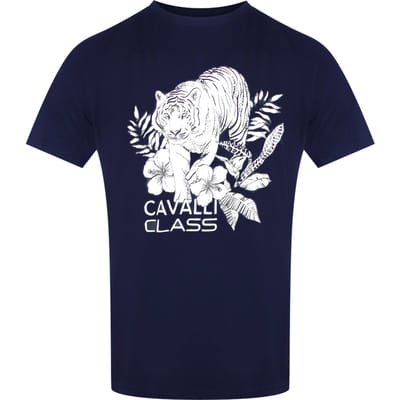 Cavalli Class Tiger Floral Logo Marineblauw T-shirt