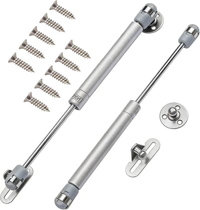 Gasveren 100 N met schroeven en scharnieren voor zachte sluiting, ideaal voor keukenkasten, speelgoedkasten en zware meubels, 2 stuks, zilver