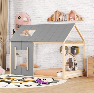MEUNIQ Kinderbed huisbed 90 x 200 cm met dak en raam, open bedframe met lattenbodem, grenenhout en MDF, normaal bed voor kinderkamer, naturel en grijs