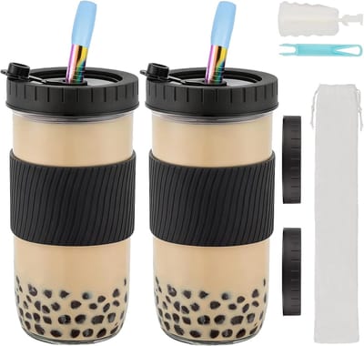 Herbruikbare Bubble Tea Cup met 2 Rietjes en 4 Deksels, 730ml/24oz Smoothie Tumbler Cups, Lekvrije Boba Tea Cup Mason Jars, Brede Rietjes voor Bubble Tea Coffee Drinks (zwart)