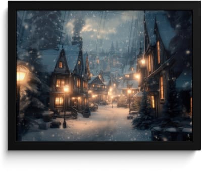 Poster in lijst - Fotolijst 40x30 cm - Posters - Winterdorp - Sneeuw - Donker - Posterlijst zwart - Decoratie - Wanddecoratie woonkamer - Muurdecoratie slaapkamer