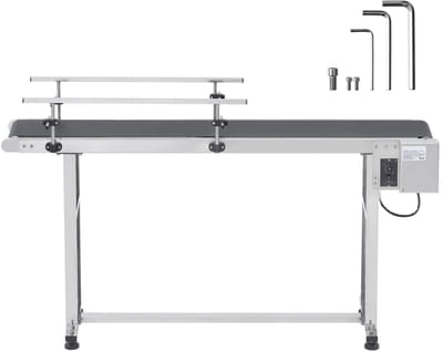 Gemotoriseerde transportband, transporttafel van 59 x 7,8 inch, duurzame roestvrijstalen transportband met instelbare snelheid, PVC-band voor inkjetcoderingstoepassingen, antistatisch ontwerp met dubbele vangrail