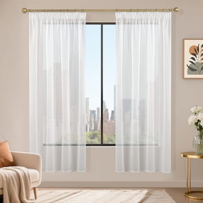 Gordijnen met plooiband, set van 2, voile schuifgordijnen, 175 x 140 cm (h x b), transparante gordijnen, gordijn wit, gordijnen voor woonkamer, slaapkamer