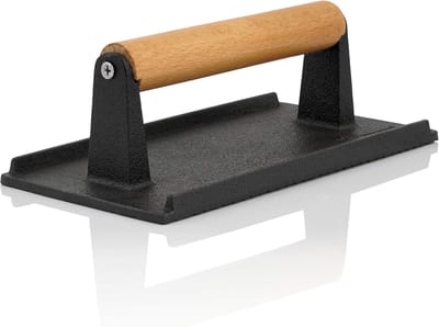 Famanu – Zware burgerpers gietijzer, 1 kg, antiaanbaklaag met houten handvat, creëert perfecte grillstrepen