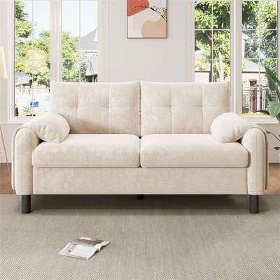 YEHTOKHOME Moderne 2-zitsbank, comfortabele gestoffeerde bank van chenille met dikke kussens en zijvakken, comfortabele bank voor woonkamer, slaapkamer, klein appartement, gestoffeerde meubels in Scandinavische stijl, beige
