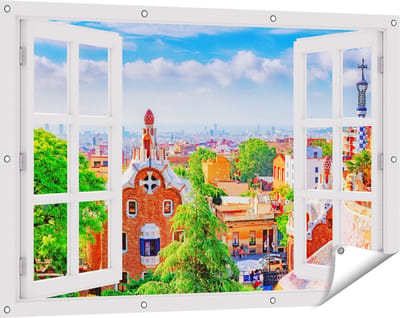 Gards Tuinposter Doorkijk Park Güell in Barcelona - Kleurrijk - 120x80 cm - Tuindoek - Tuindecoratie - Wanddecoratie buiten - Tuinschilderij