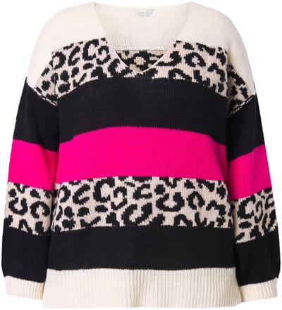 MIAMODA - Dames - Trui oversized blokstrepen met luipaardmotief - Neon bes - Maat 50+