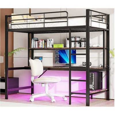 ModernLuxe Hoogslaper 90x200 cm - met spijlen - met ladder - met USB en stopcontacten - met LED-verlichting - met bureau + meerlaagse planken - zwart