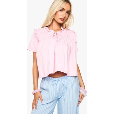 boohoo Dames Gerafelde Poplin Smock Top | Pink | Maat: 6