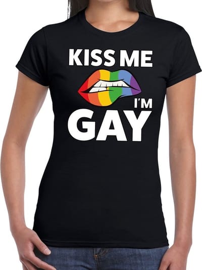 Kiss me I am gay t-shirt zwart dames - feest shirts dames - gaypride kleding XS