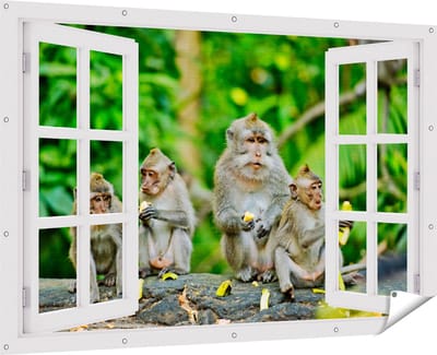 Gards Tuinposter Doorkijk Groep Apen Eten Bananen in het Bos - 180x120 cm - Tuindoek - Tuindecoratie - Wanddecoratie buiten - Tuinschilderij