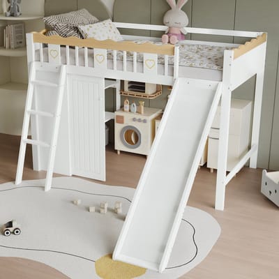 Hoogslaper 90x200 cm - kinderbed - met glijbaan - met kast en opbergkast - met hek met mooi patroon - wit en houtkleur - zonder matras