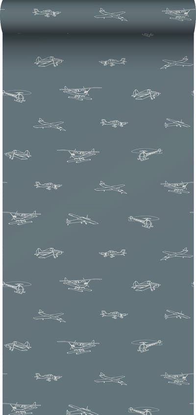 ESTAhome behang helikopters en vliegtuigen vergrijsd blauw - 53 cm x 10.05 m - 139509