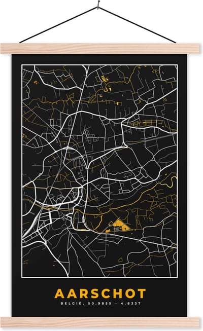 Posterhanger incl. Poster 40x60 cm - Schoolplaat - Plattegrond - Kaart - Aarschot - Goud - Textielposter - Blanke latten - Stadskaart