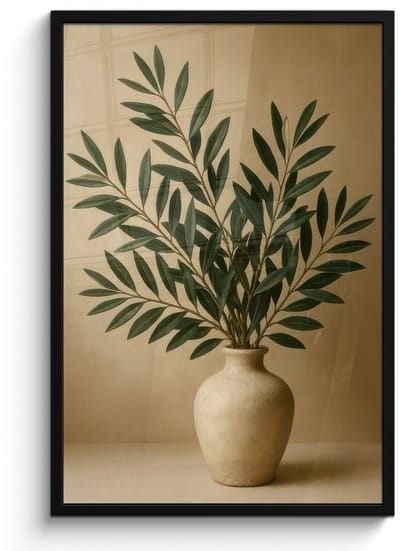 Poster in lijst - Fotolijst 60x90 cm - Posters - Vaas - Olijftakken - Bladeren - Beige - Posterlijst zwart - Decoratie - Wanddecoratie woonkamer - Muurdecoratie slaapkamer