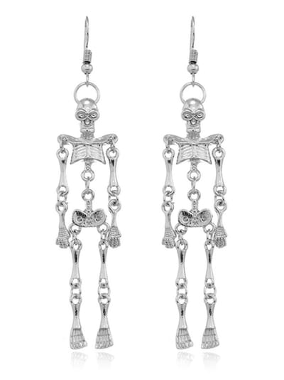 Plux Fashion Skelet Oorbellen - Zilver - 9cm - Metaal - Heren - Dames - Sieraden - Zilveren Oorbellen - Oorhangers - HipHop oorbellen - Sieraden Cadeau - Luxe Style - Duurzame Kwaliteit - Halloween - Oktoberfeest - Kerst - Halloween kostuum
