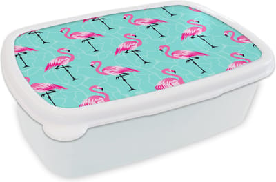 Broodtrommel Wit - Lunchbox - Brooddoos - Flamingo - Roze - Patroon - 18x12x6 cm - Volwassenen