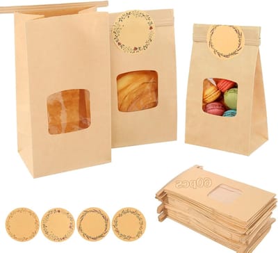 Kraft papieren zakken met venster en stickers, 60 stuks, ideaal voor koekjes, snoep en gebak (9 x 6 x 17 cm)
