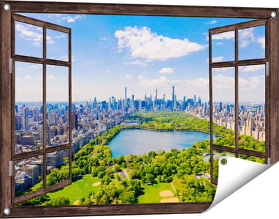 Gards Tuinposter Doorkijk Central Park in New York met Wolkenkrabbers - 90x60 cm - Tuindoek - Tuindecoratie - Wanddecoratie buiten - Tuinschilderij