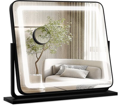 COSTWAY Make-upspiegel met 3 lichtkleuren Hollywood spiegel met 5 x vergroting verlichting instelbare helderheid 360 draaibare make-upspiegel touch bediening Zwart 56 x 12 x 48 cm