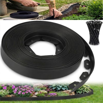 Flexibele tuinrand van 10 m – Robuust kunststof (5 mm dik) – L-vormige afscheiding (voor gras, grind, wortels en als opsluitrand) – Geschikt voor gazons, opritten, bloembedden en boomspiegels – 60 grondpennen voor eenvoudige montage