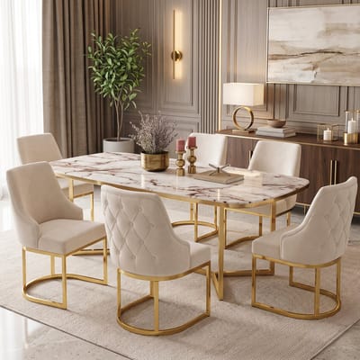 Eetkamerstoelen, set van 6, moderne stijl, vergulde stoelpoten, fluwelen bekleding, Eetkamerstoel, Gestoffeerde Zitting - beige + goud