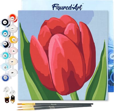 Figured'Art Mini Schilderen op Nummer Volwassenen 20x20cm met lijst Rode tulp - Klein Formaat Creatieve Hobby Kit DIY Art Nummer Compleet