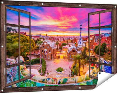 Gards Tuinposter Doorkijk Park Güell Uitzicht op Barcelona - 120x80 cm - Tuindoek - Tuindecoratie - Wanddecoratie buiten - Tuinschilderij