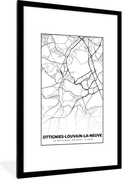 Fotolijst incl. Poster Zwart Wit- België – Ottignies Louvain la Neuve – Stadskaart – Kaart – Zwart Wit – Plattegrond - 80x120 cm - Posterlijst